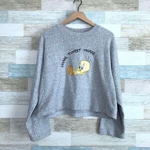 Looney Tunes Tweety Bird Boxy Terry Sweatshirt Gray Relaxed Fit Lounge Womens XL